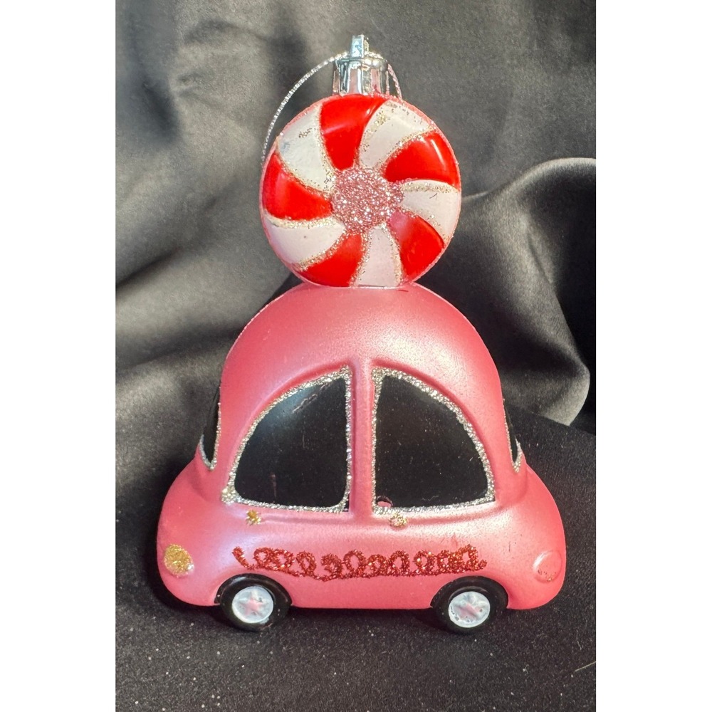 Pink Car with Peppermint Candy Christmas Ornament Glitter Accents Holiday Decor
